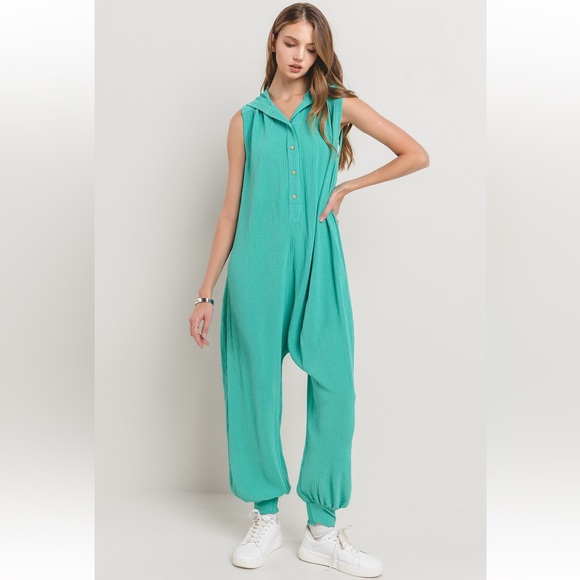Boho Solid Button Down Harem Jumpsuit - Picture 3 of 6